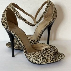 F24 Womens Cheetah High Heel Ankle Strap Stilettos 4.5" peep toe Sz 7